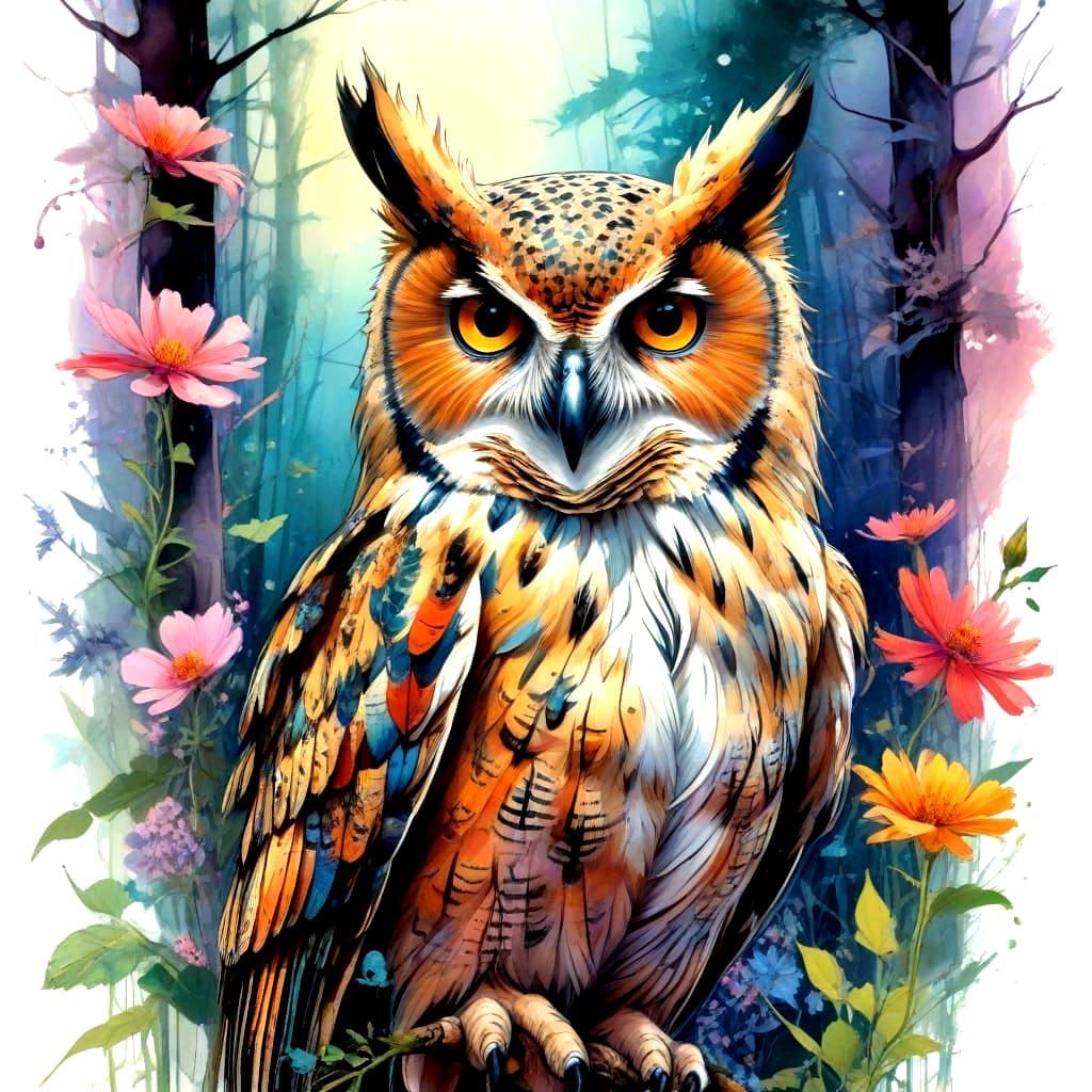 Whimsical Watercolor Jungle Scene with Owl in a Sunlit Meado...