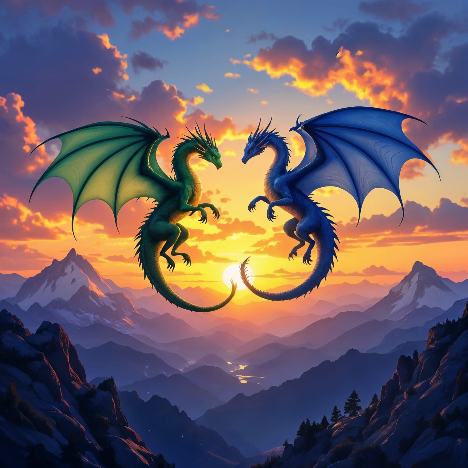 Two Dragons Dance at Sunset on Mountain Plateau