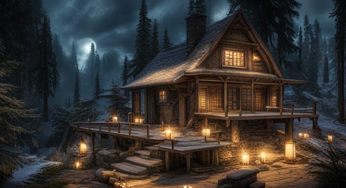 Cozy Cabin in Snowy Skyrim Woods