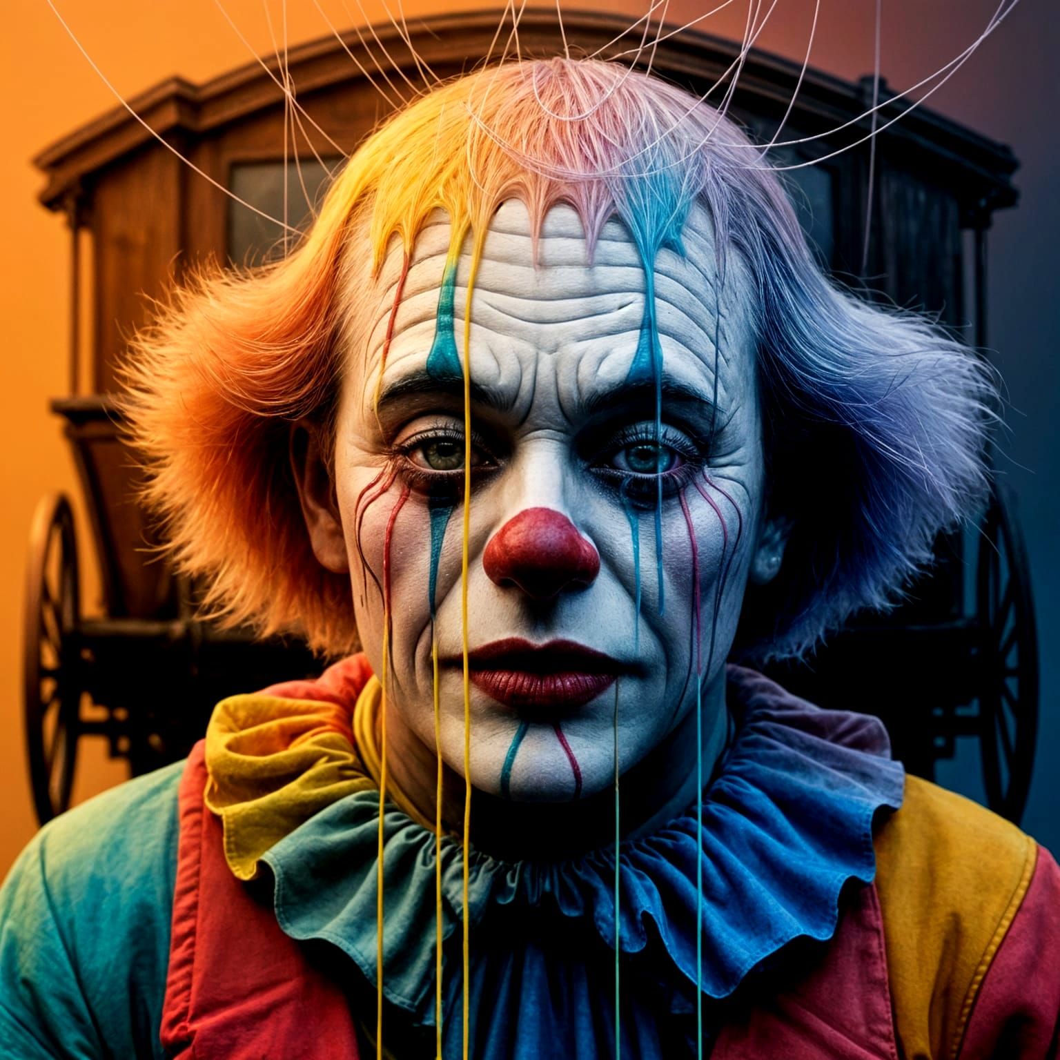Melancholic Clown Trapped in Vintage Circus Wagon