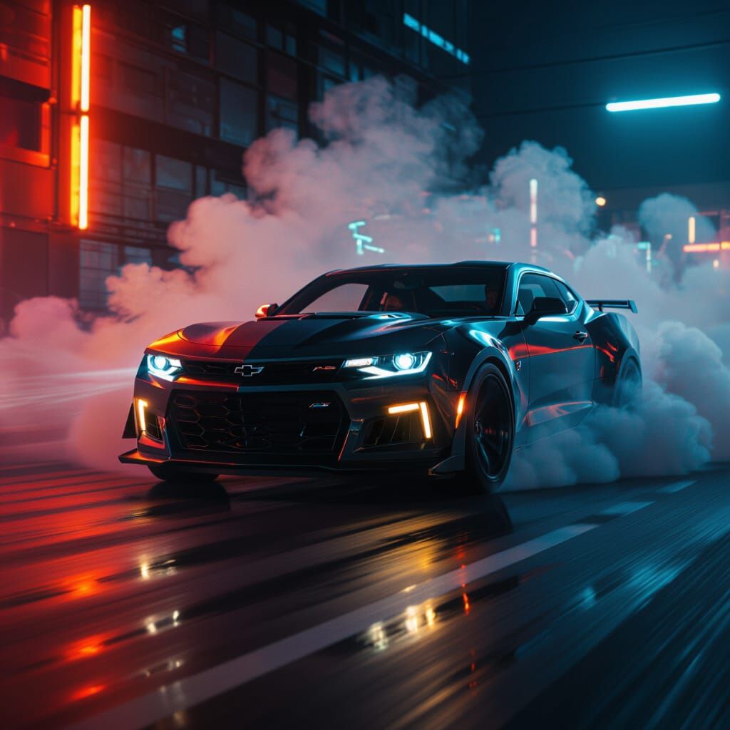 Camaro ZL1 Races Through Neon-Lit Smoke