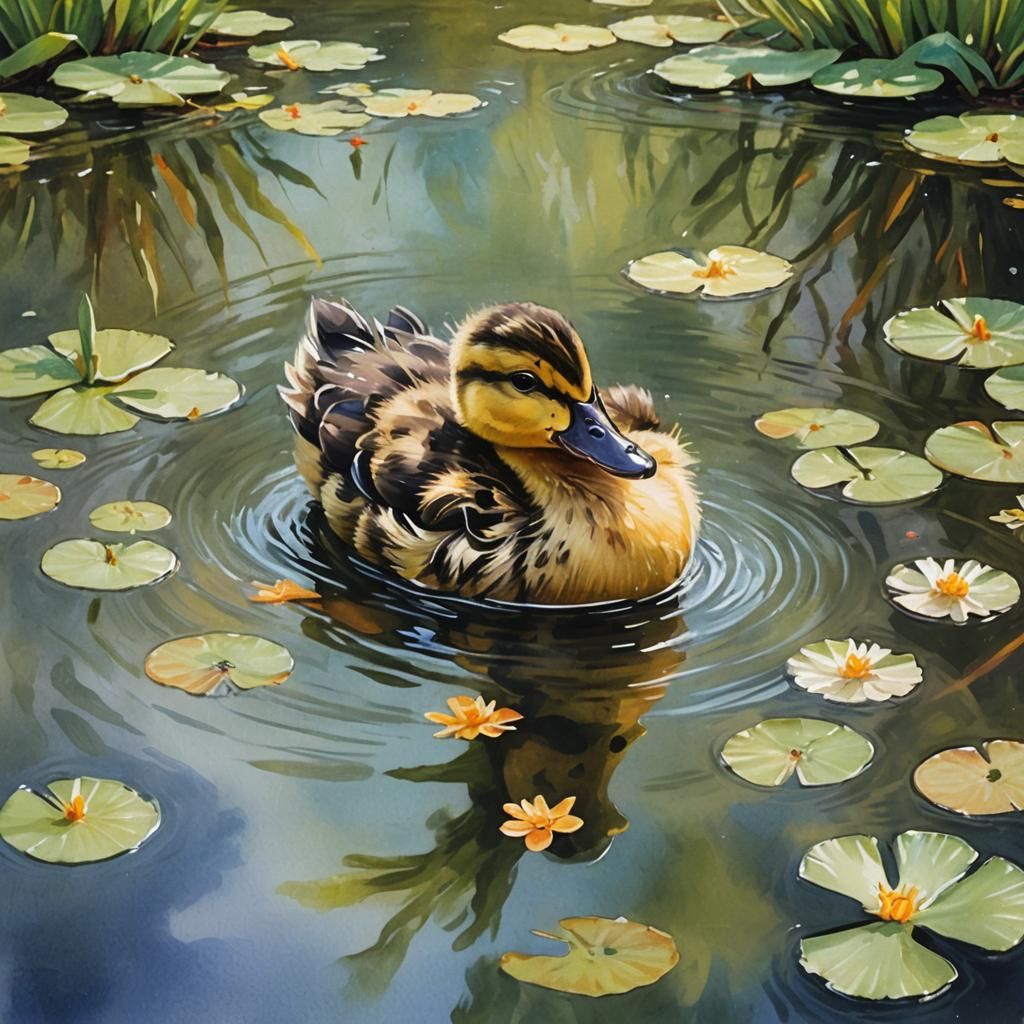 Duckling in Bonnet: Gouache Watercolor Painting