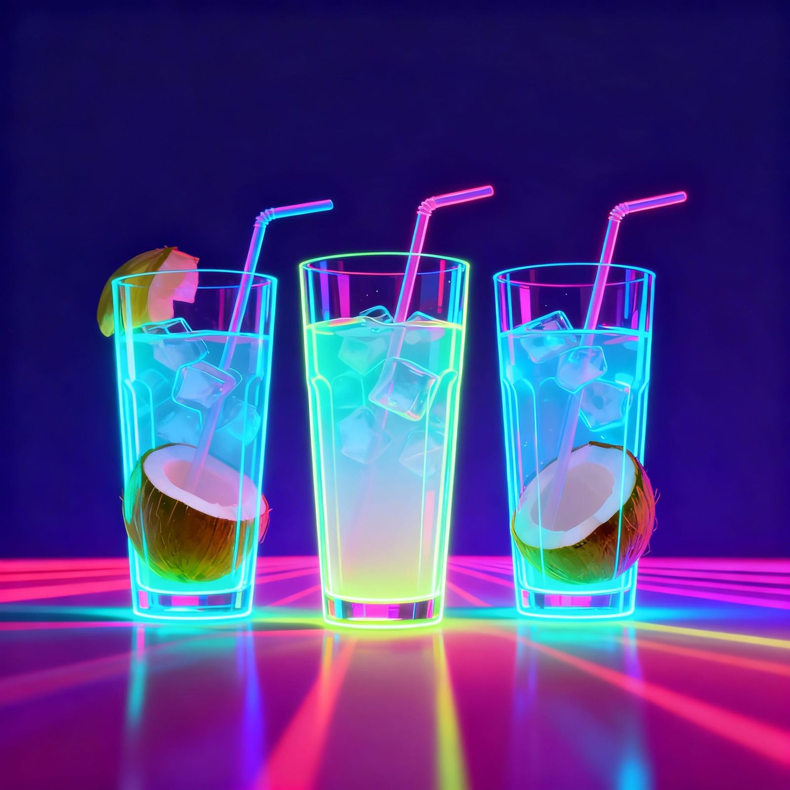 Glowing Neon Coconut Water Glasses in Surreal Style