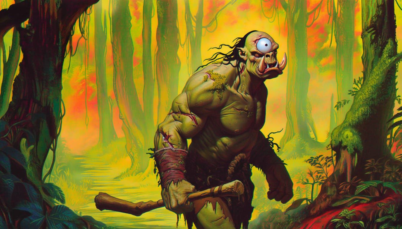 Muscular Cyclops Explores Vibrant Forest Trail