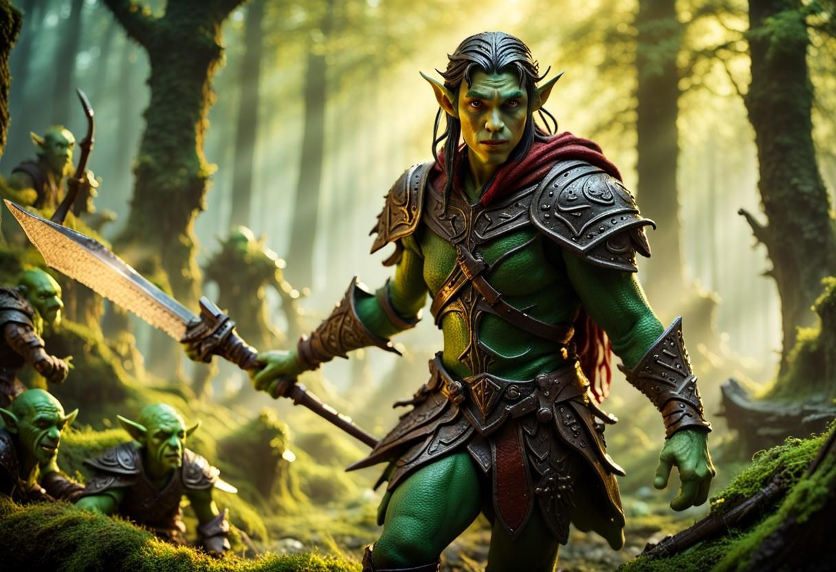 Elf Warrior Plastic Figurine in Forest, Macro Photography