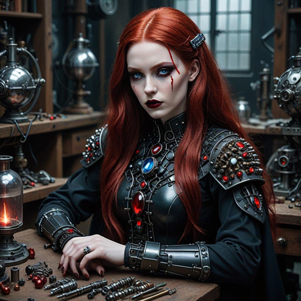 Cyberpunk Goddess of Industry Amidst Gothic Machinery