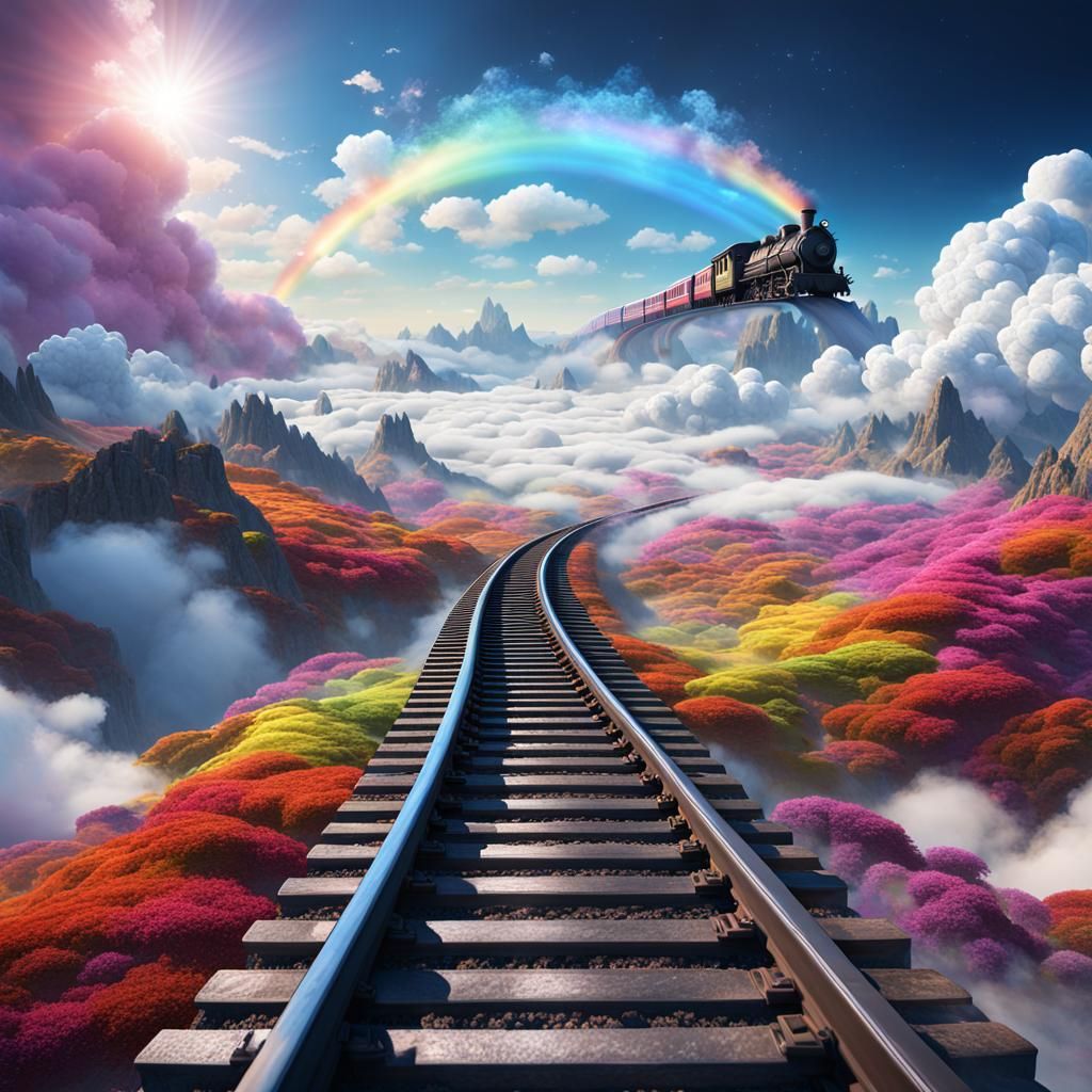 Dreamy train on the clouds above the rainbow