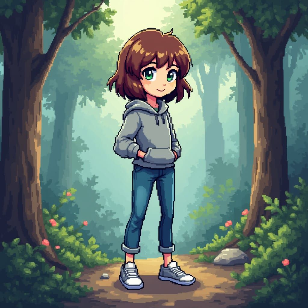 Cute Chibi Pixel Art Character Jumping in Fantasy Forest