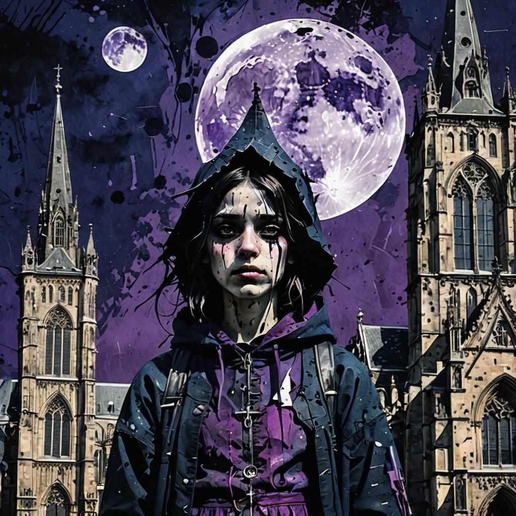 Portrait of a gothic pour homeless girl wearing gothic clothes standing near a gothic cathedral.