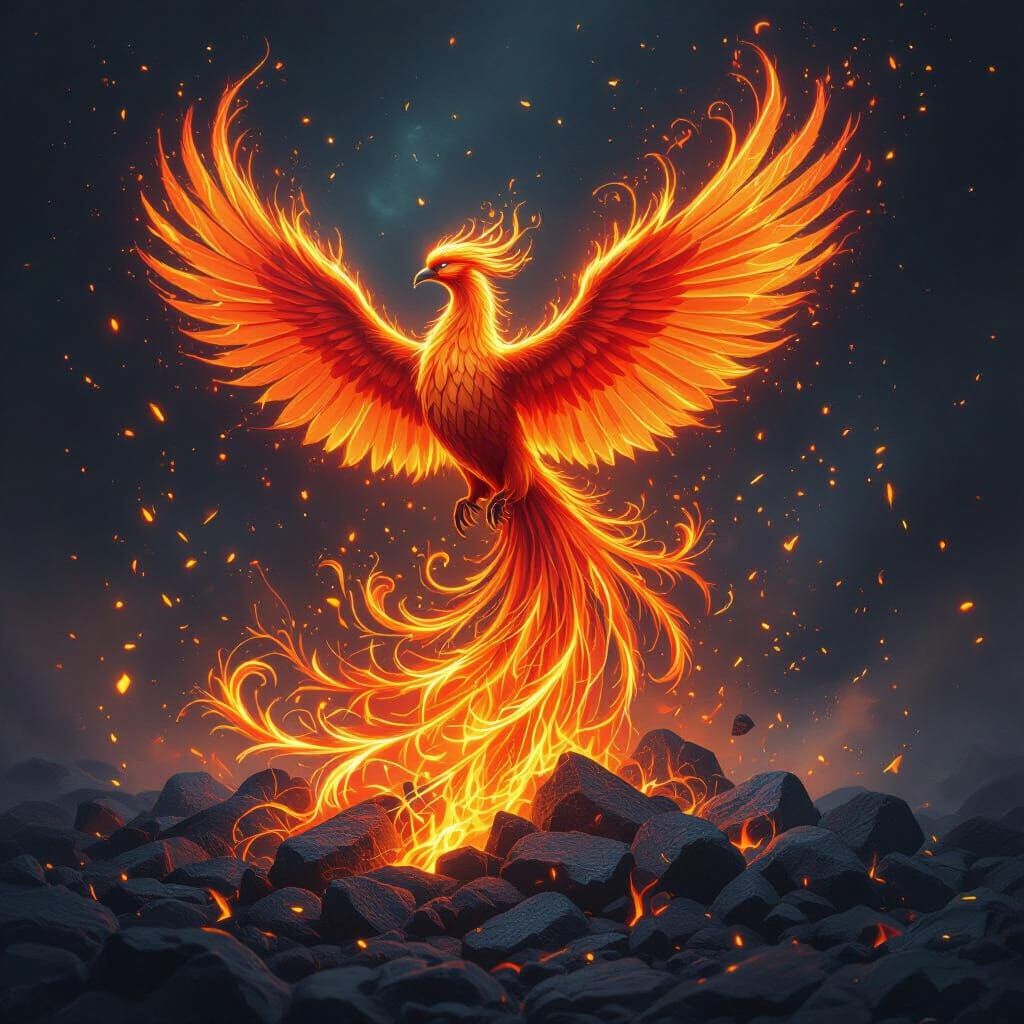 Fiery Phoenix Rising from Ashes Illustration