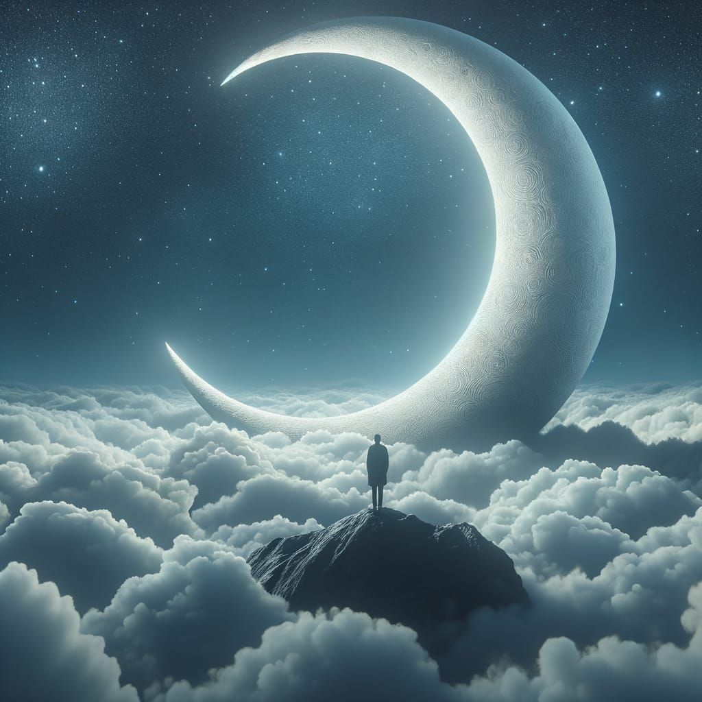Man Stands on Legendary Crescent Moon Amidst Enchanted Night...