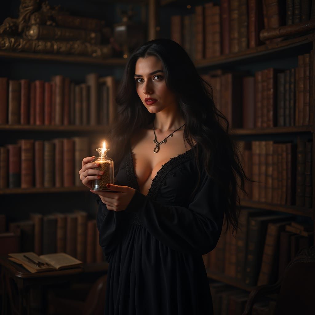 Sorceress with Potion in Gothic Chamber: Cinematic Photograp...