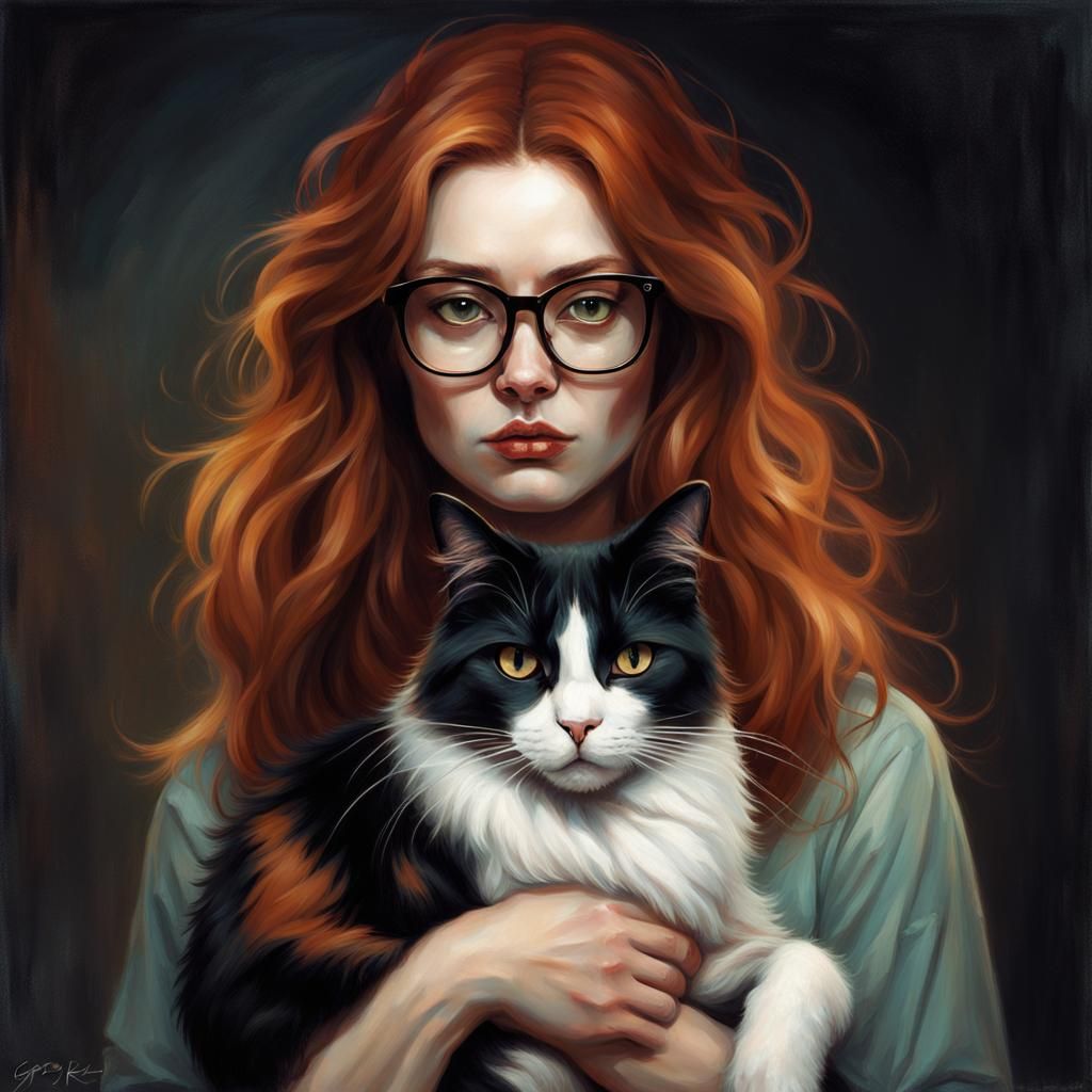 Ethereal Auburn Girl with Cat, Sinister Style