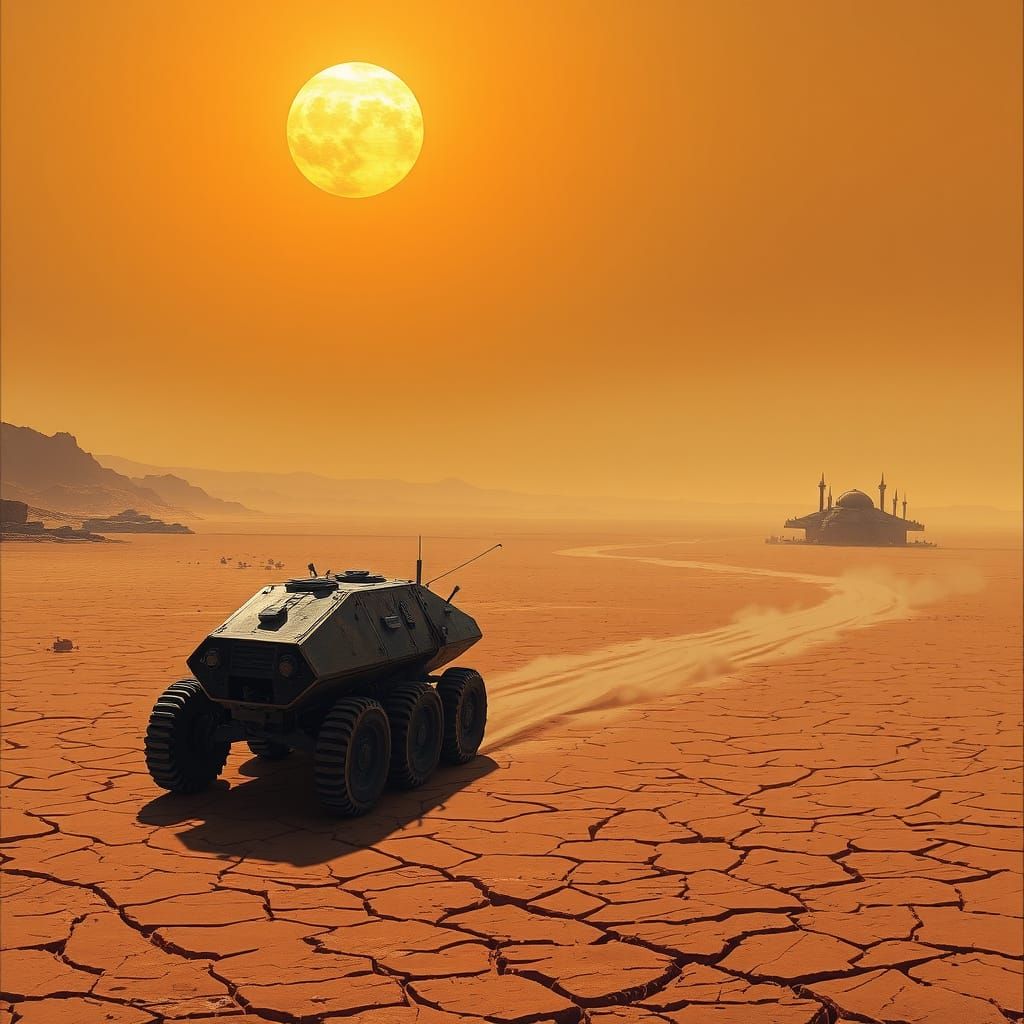Surreal Landscape of Twin Suns and Deserted Outpost