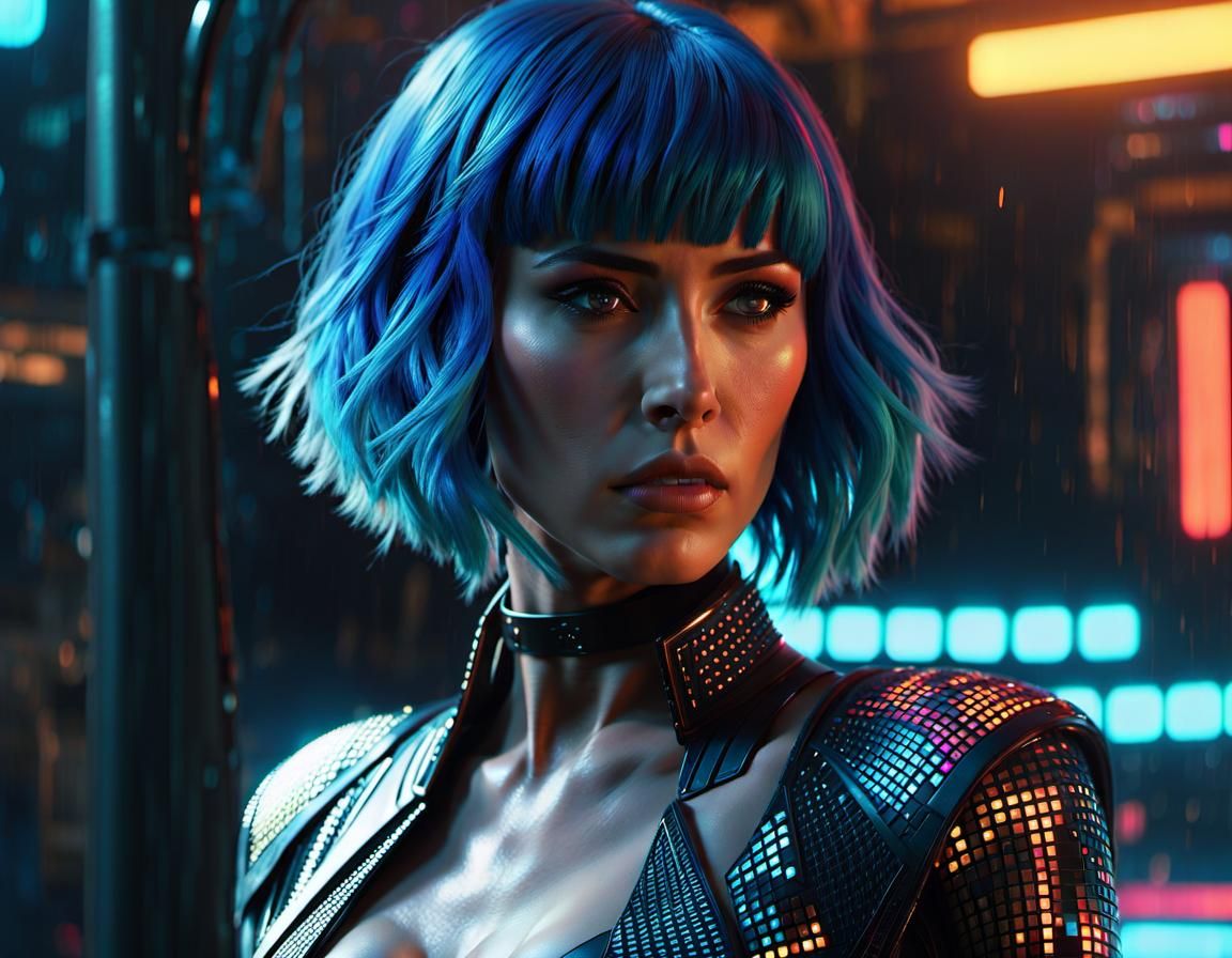 Holographic Cyberpunk Woman with Blue Hair