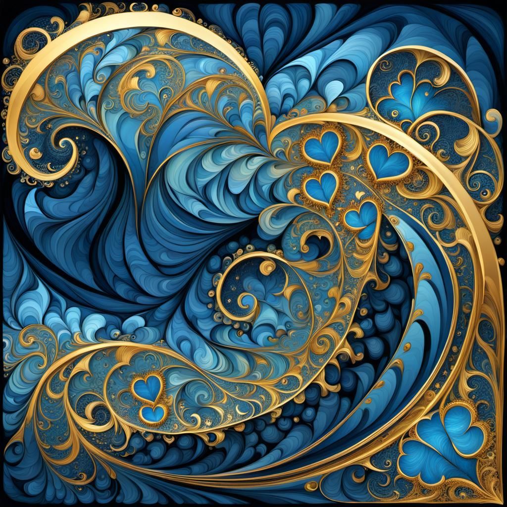 Blue and Gold Heart Fractal on Ocean Waves