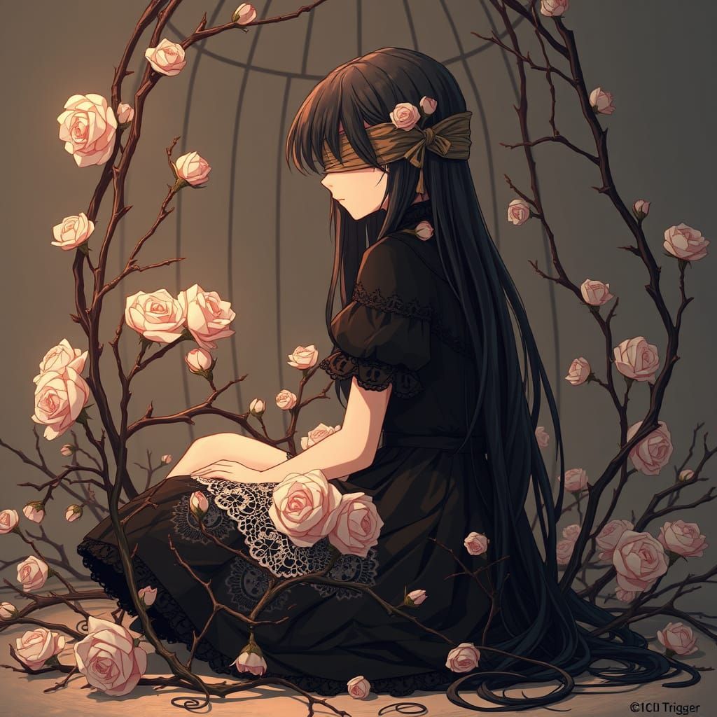Anime-Inspired Girl in Victorian Dress with Roses and Thorns