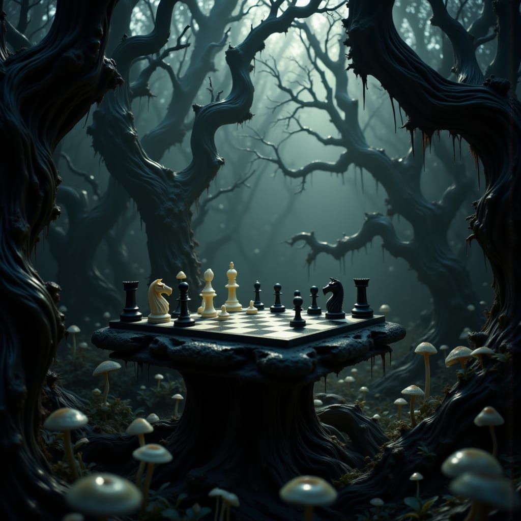 Mysterious Chessboard in a Haunting, Dreamlike Forest
