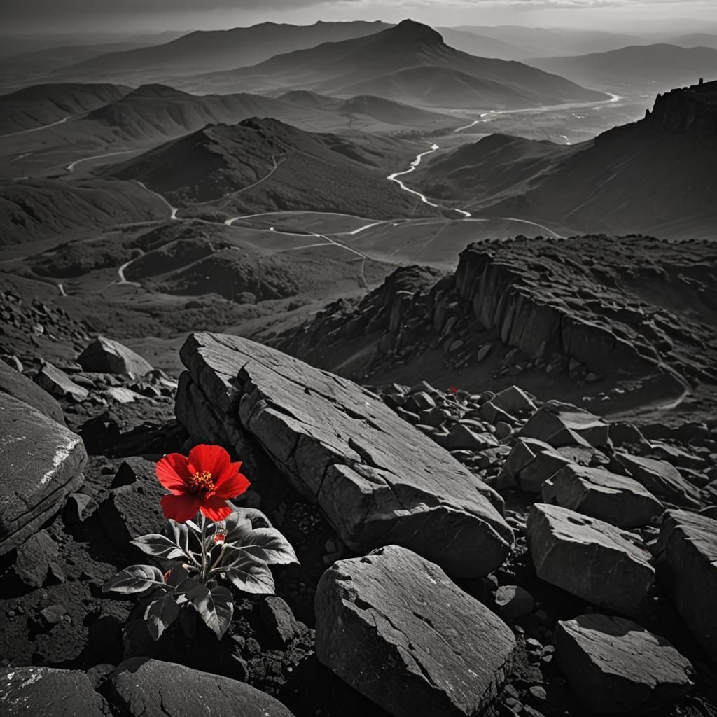 Striking Red Flower in Barren Monochrome Landscape