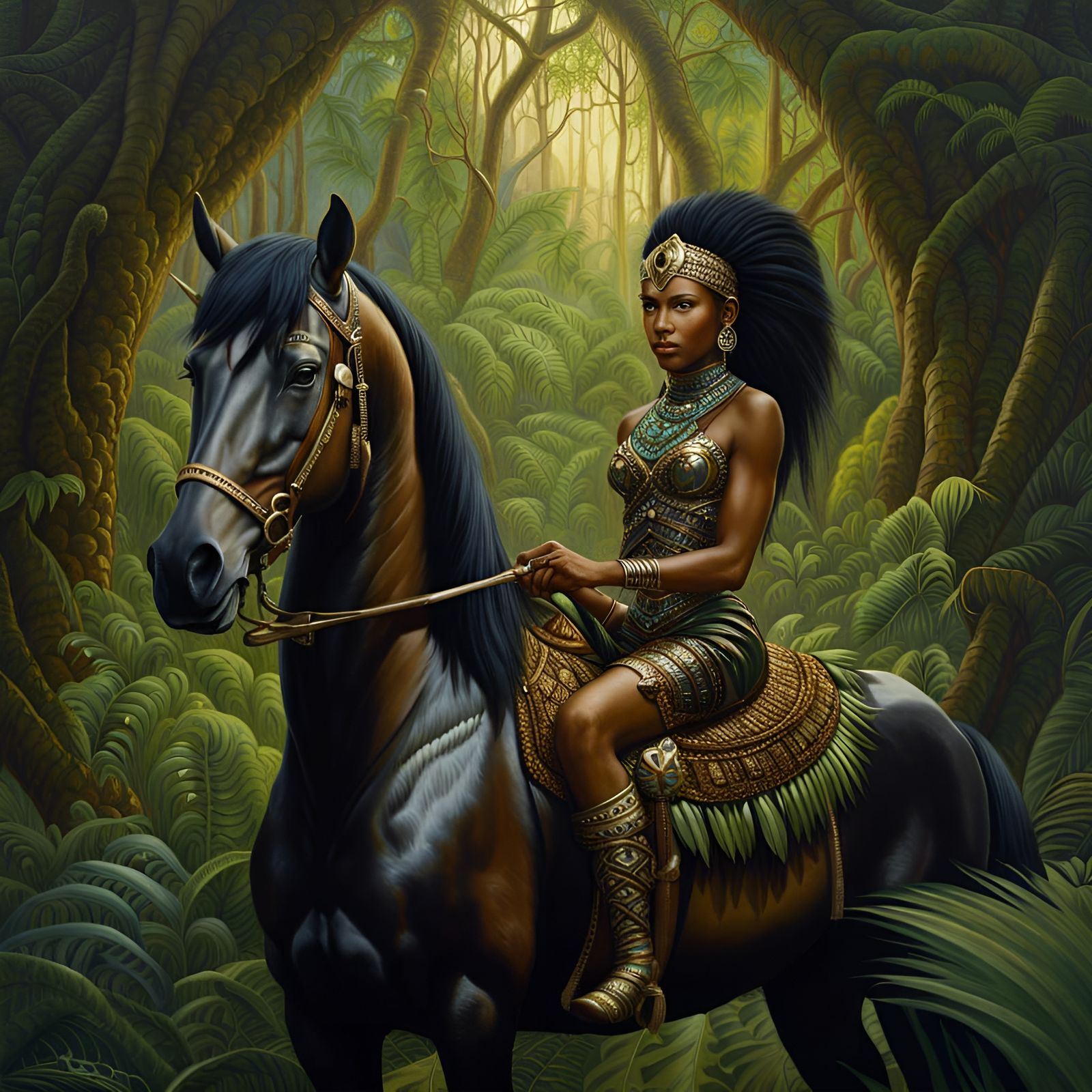 African Princess on Ebony Horse in Jungle