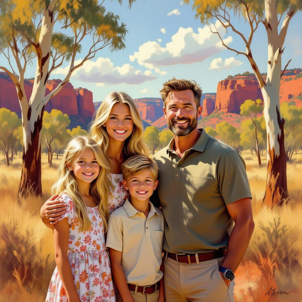 Australian Family in Outback Landscape, Impressionist Style
