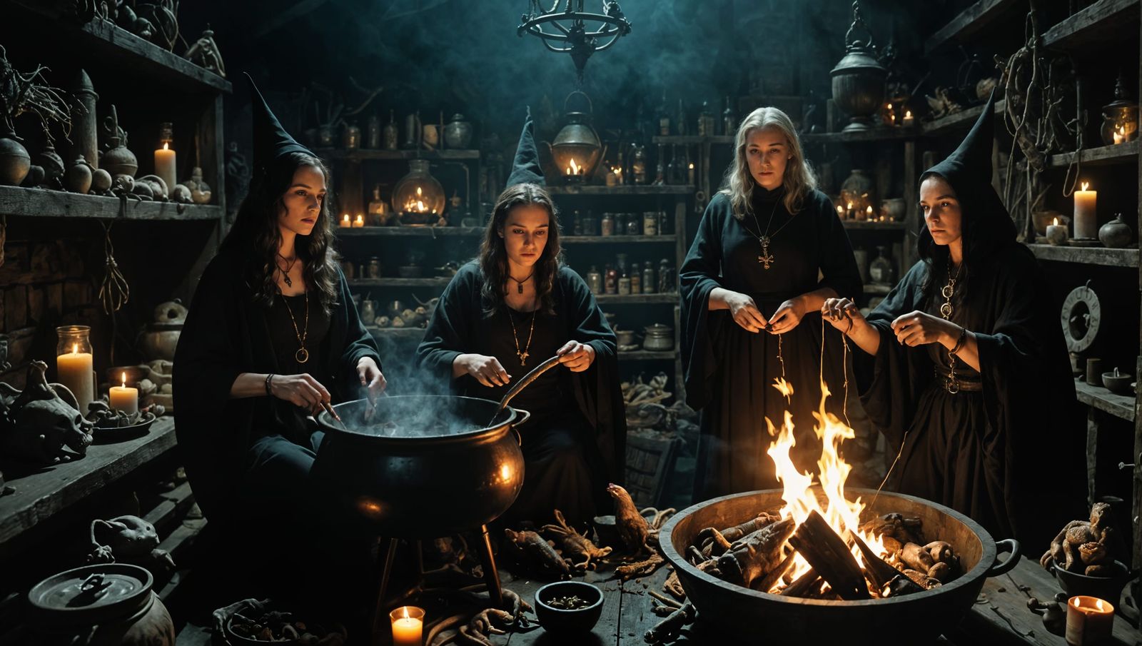 Witches' Coven Gathered Around a Cauldron