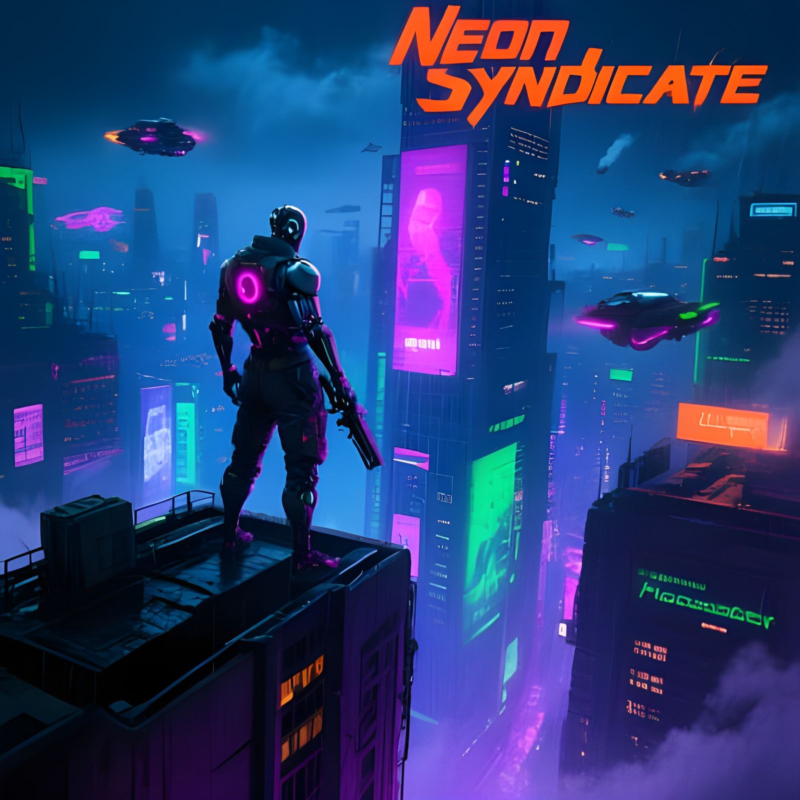 Cyberpunk Mercenary Overlooking Neon Cityscape