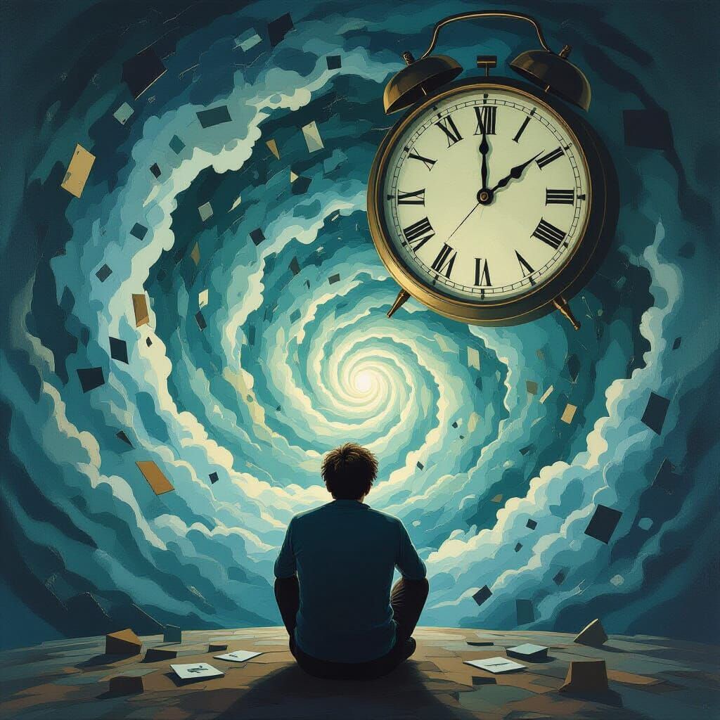 Surrealist Scene of Overwhelmed Person Lost in Thought