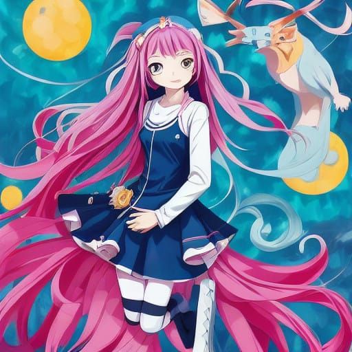 Beautiful Anime Girl in a Cubist Art Style with Pink Hair an...