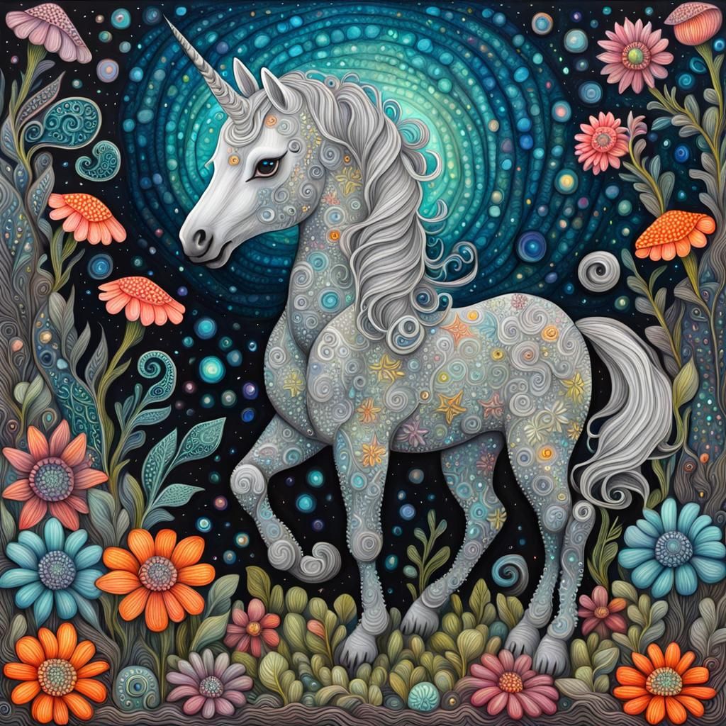 Whimsical Unicorn in Bioluminescent Garden: Naive 3D Paintin...