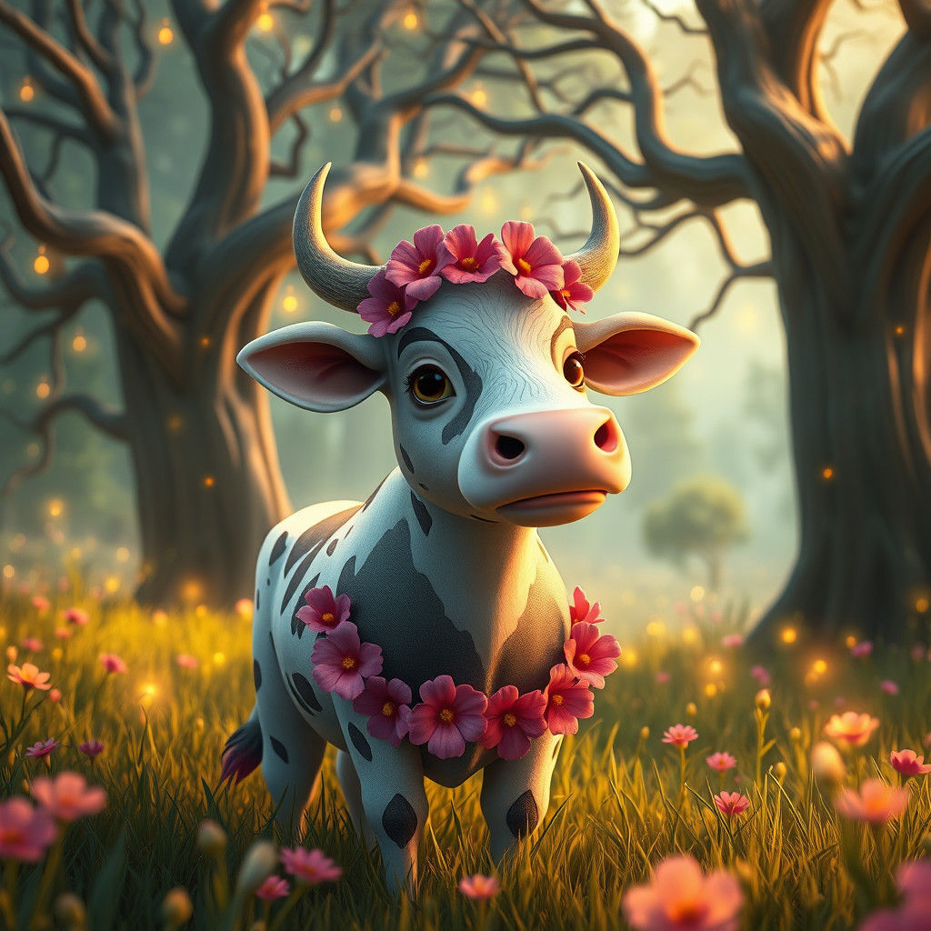 Whimsical Cow in Dreamlike Meadow: Fantasy Concept Art