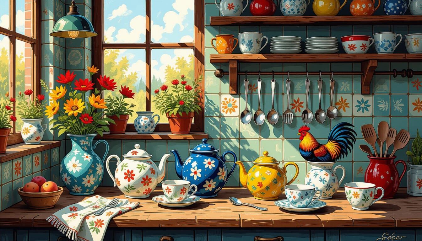 Farmhouse Kitchen Scene with Teapots and Roosters