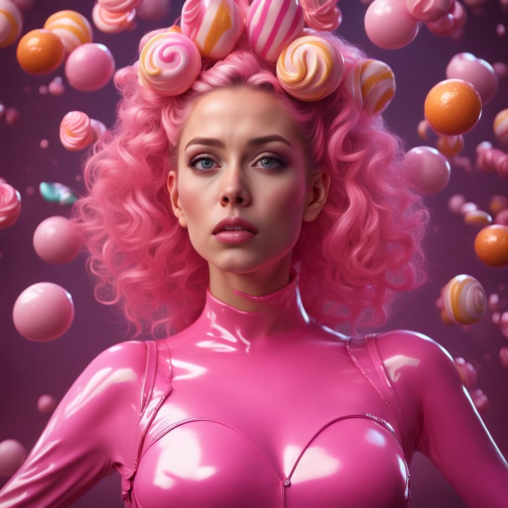 Young Woman in Pink Latex Dress, Detailed Matte Painting