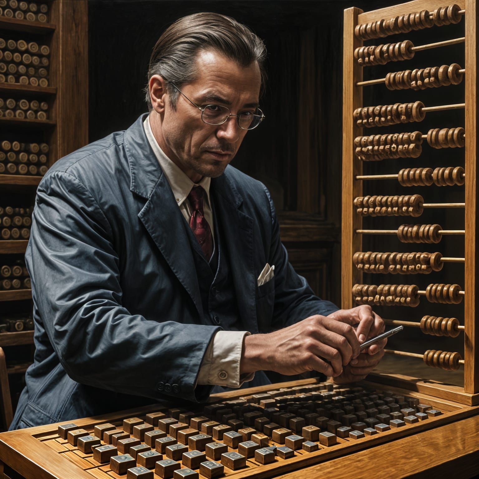 Man Calculates with Ancient Abacus in Dark Art