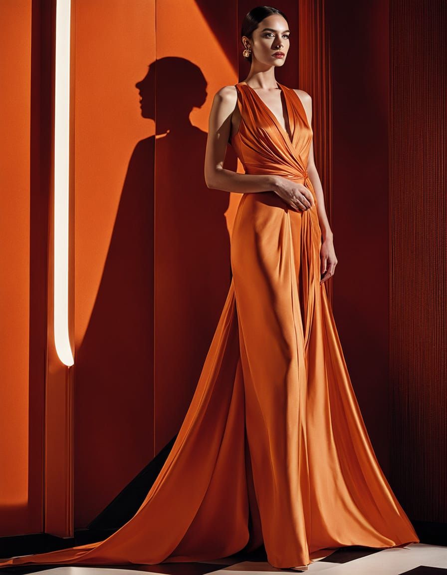 Elegant Woman in Orange Gown, Minimalist Vector Art