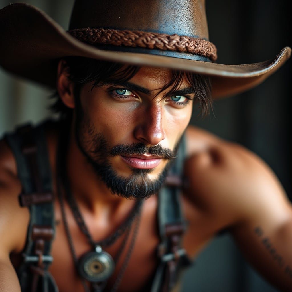 <lora:Beautiful women:0.5> stunning handsome male cowboy blu...