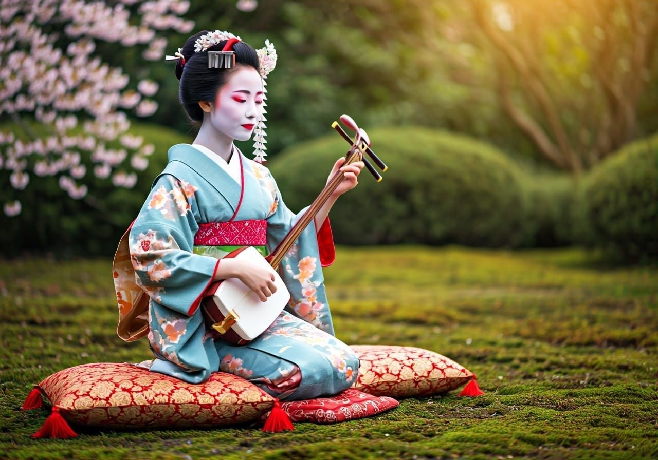 Geisha in Cherry Blossom Garden, Ukiyo-e Style