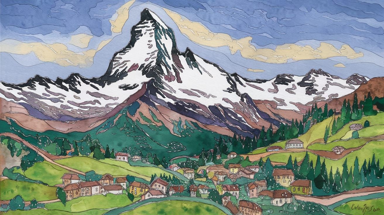 Sky Gonada Over Swiss Alps in Heavy Paint Style