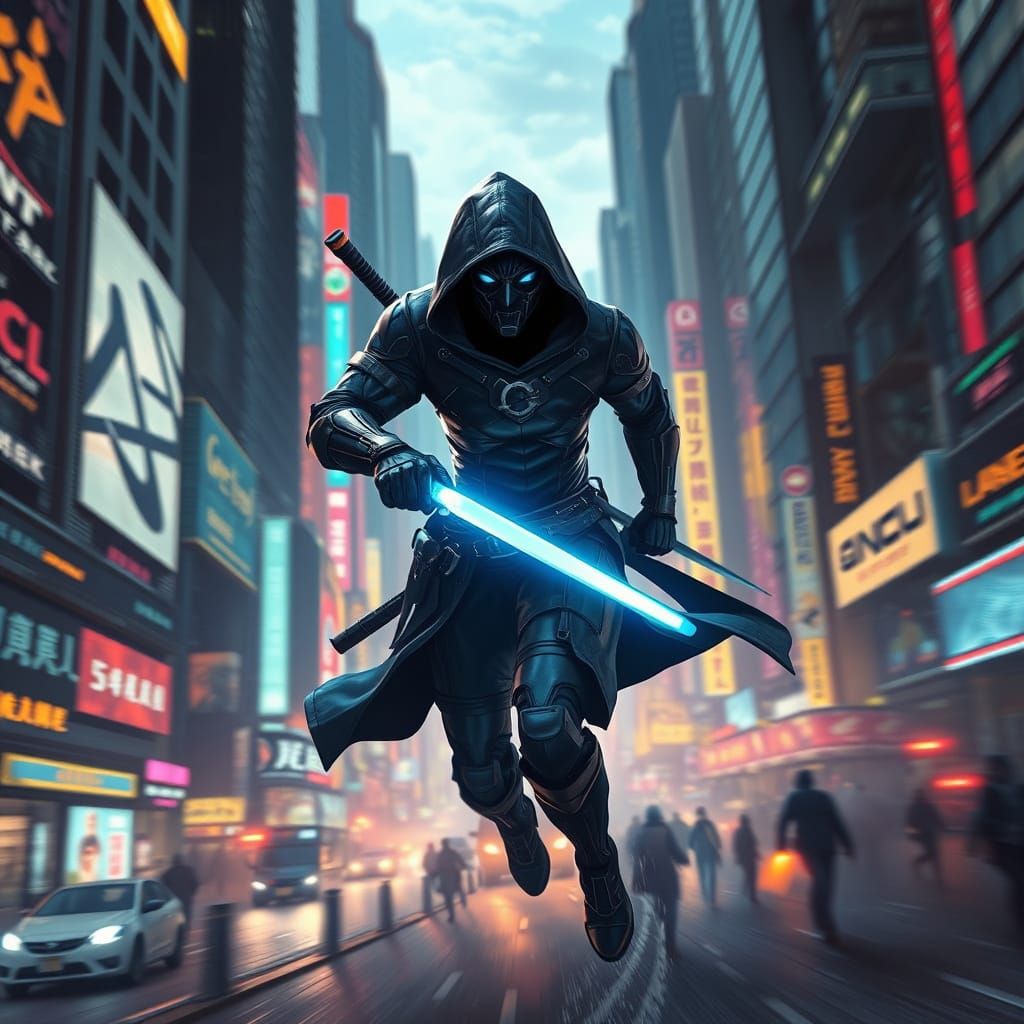 Cyberpunk Ninja in High-Tech Armor Dashes Through City
