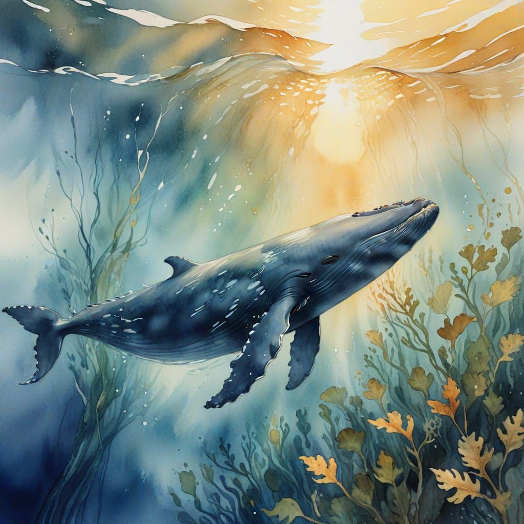 Whale Swimming Through Kelp Forest in Watercolour Style