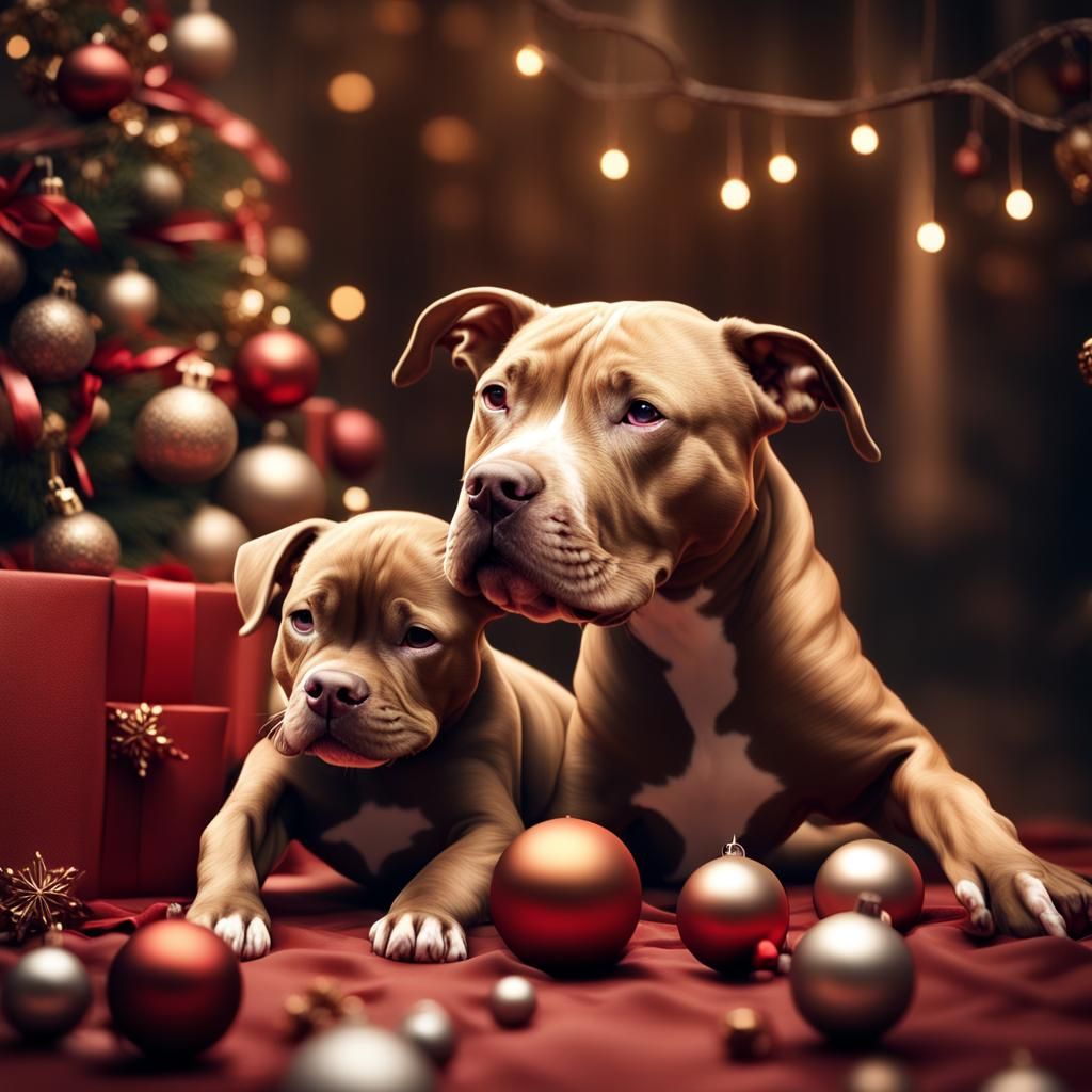 Pitbull Dog and Puppy Play with Christmas Ornaments
