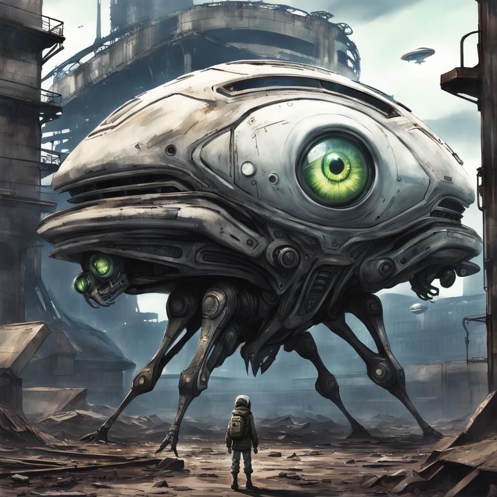 Anime Alien in Dystopian Sci-Fi Landscape