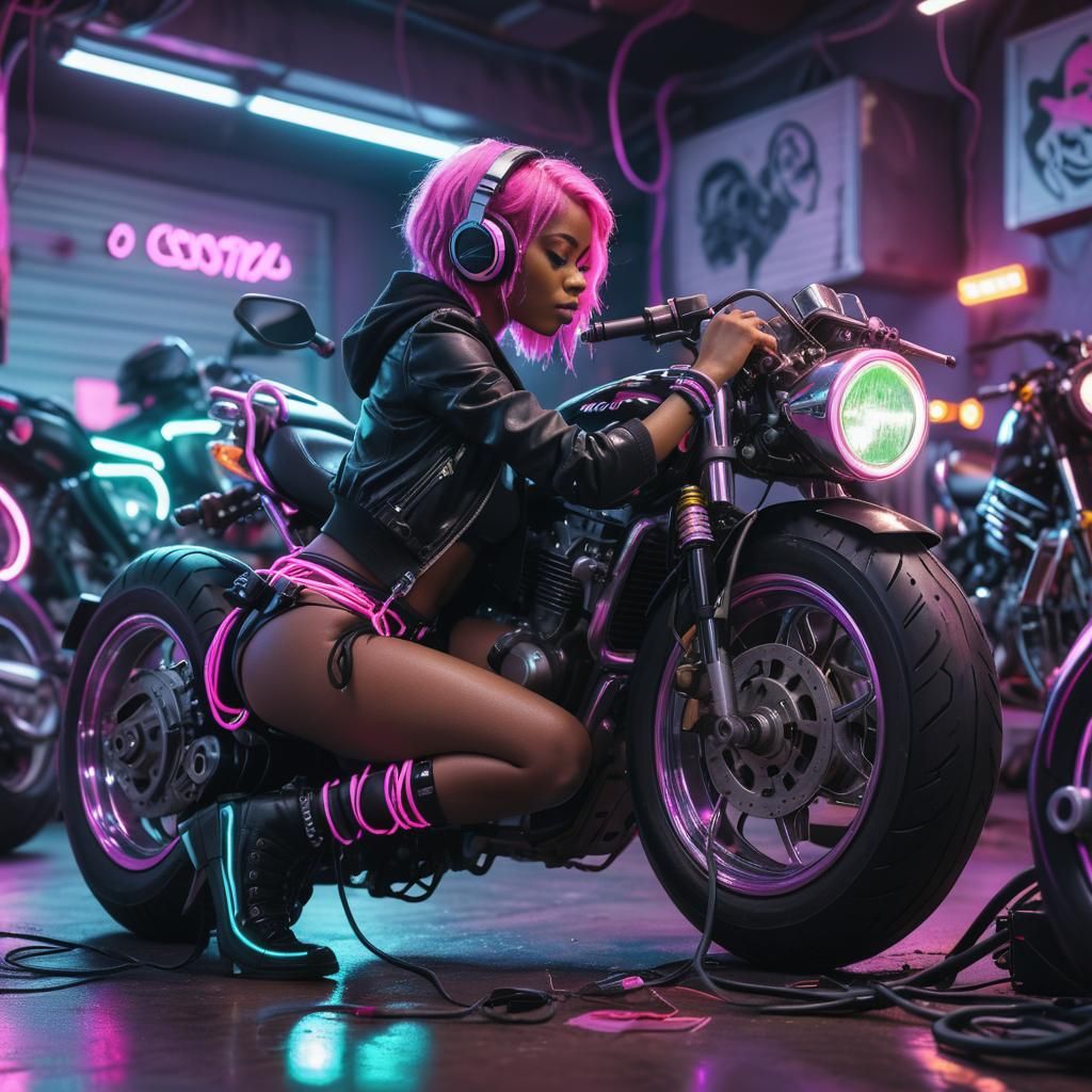 Synthwave Black Woman Working on Motorcycle
