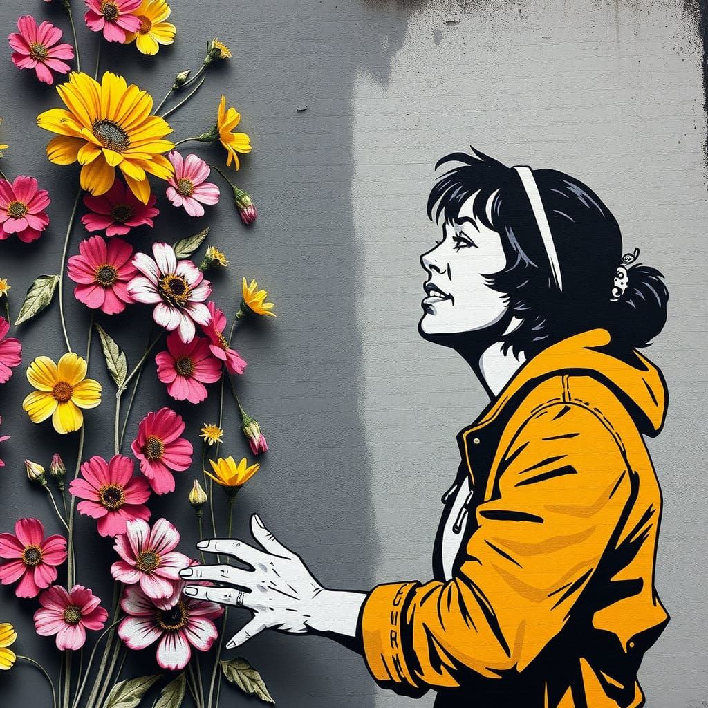 Woman Builds Flower Wall in Banksy Style