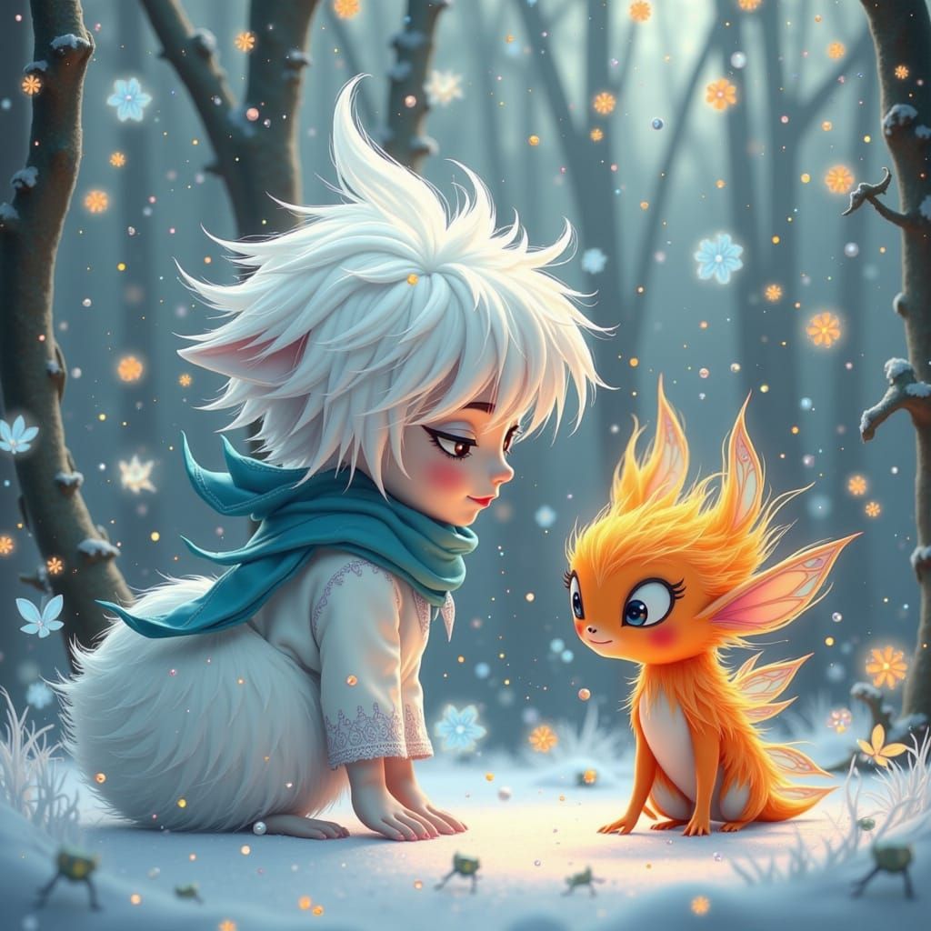 Fluffy Snowflake Meets Flame Critter in Whimsical Forest