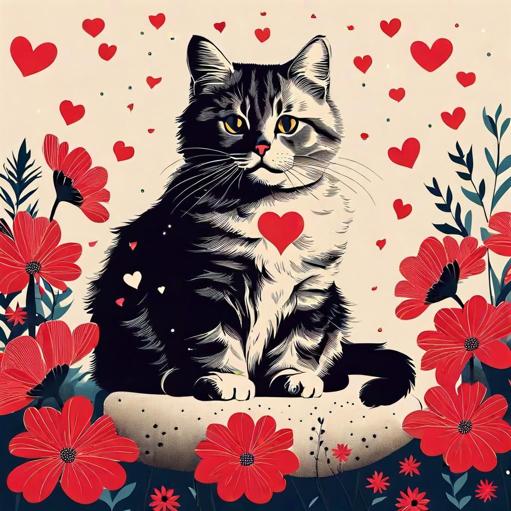 Cat Surrounded by Flowers in Pop Art Style