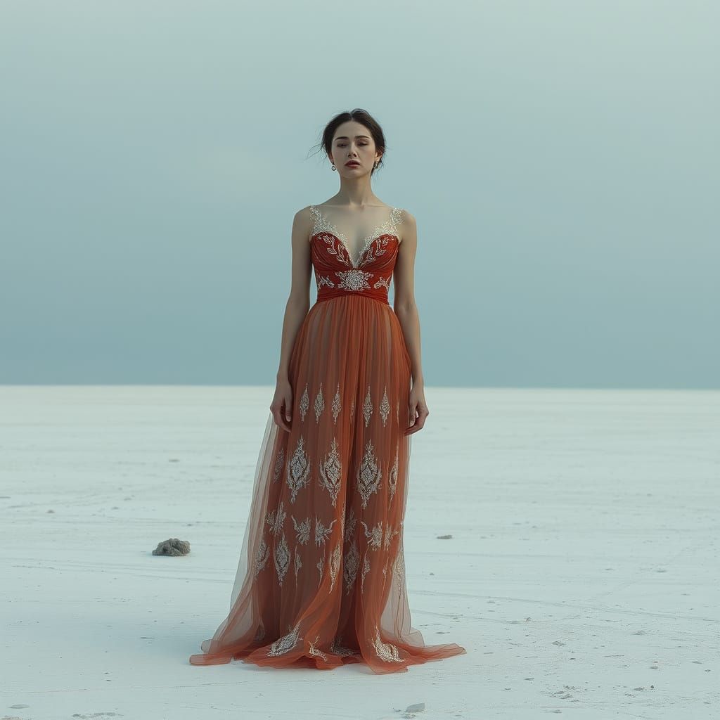 A solitary figure stands in a vast, wind-swept terrain