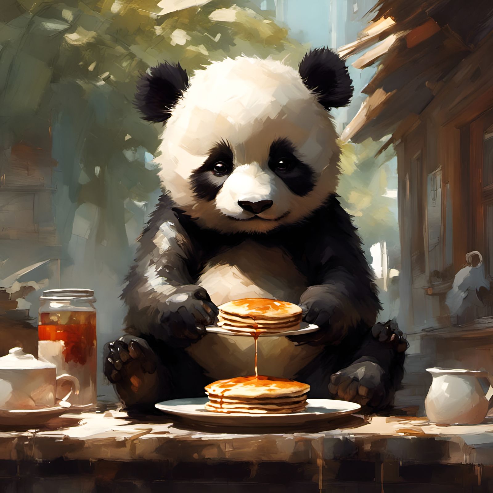 Chibi Panda Eats Pancakes in 3D