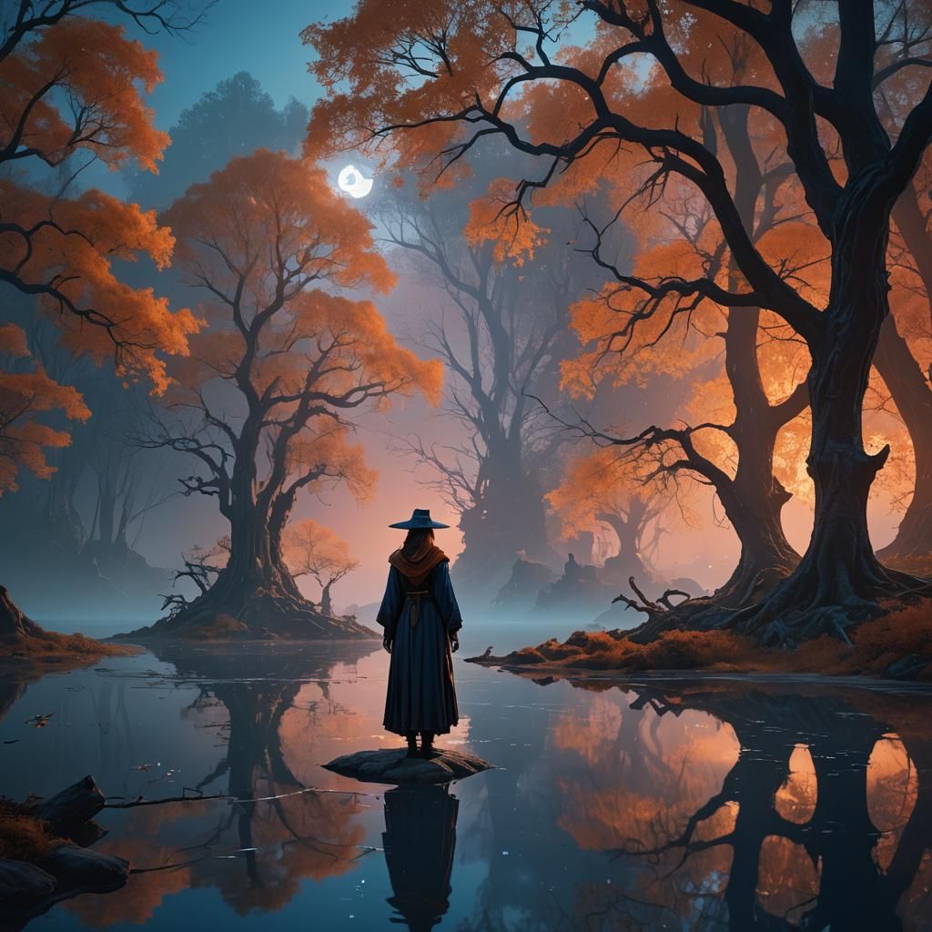 Mysterious Sorceress at Dreamlike Lake: Fantasy Concept Art