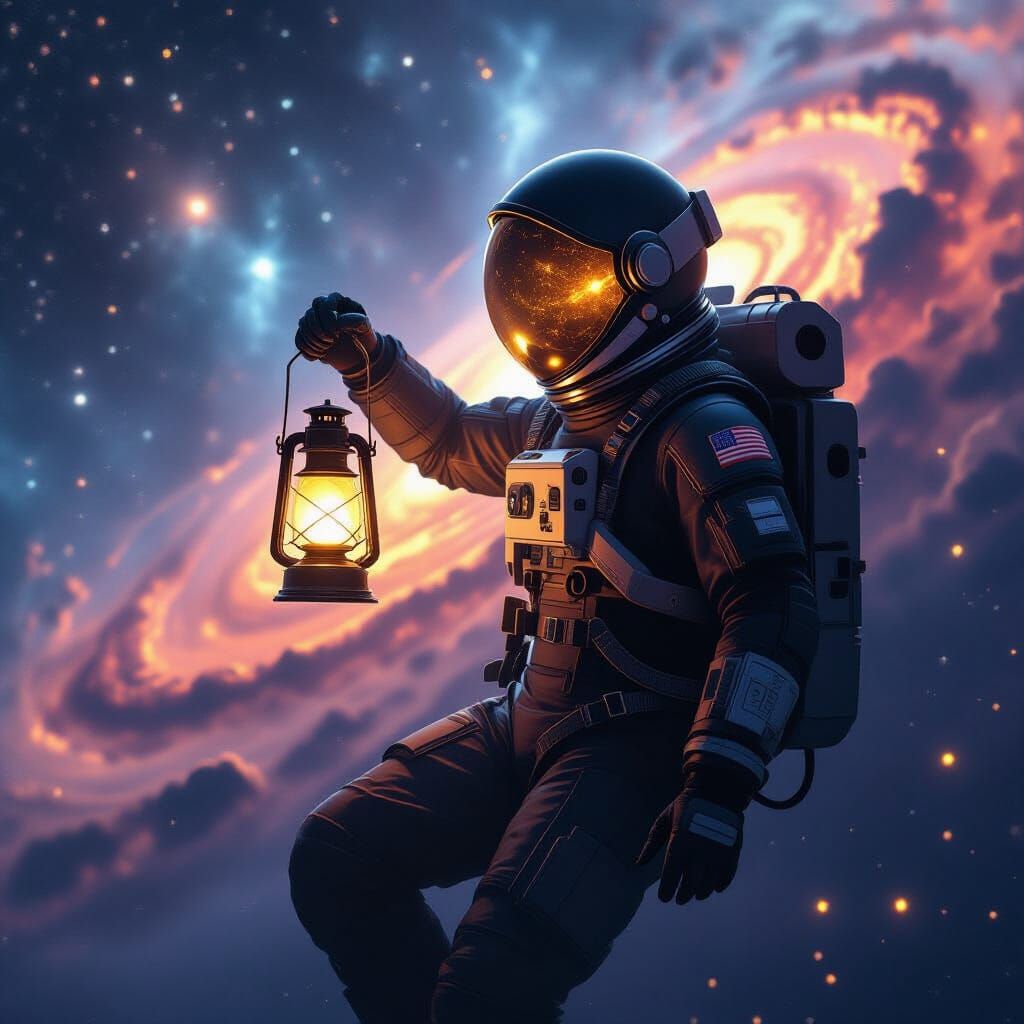 Astronaut Drifting in Cosmic Void with Lantern